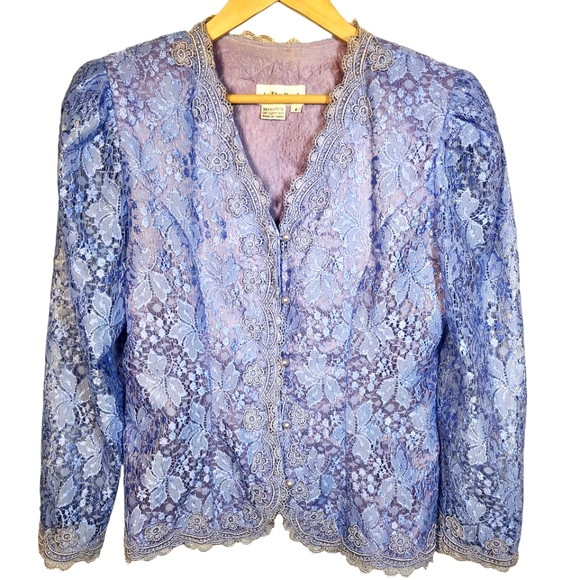 Vintage Jackets & Blazers - Vintage 80s Purple Blue Lace Jacket Victorian Cottagecore Regency Formal Sheer 8